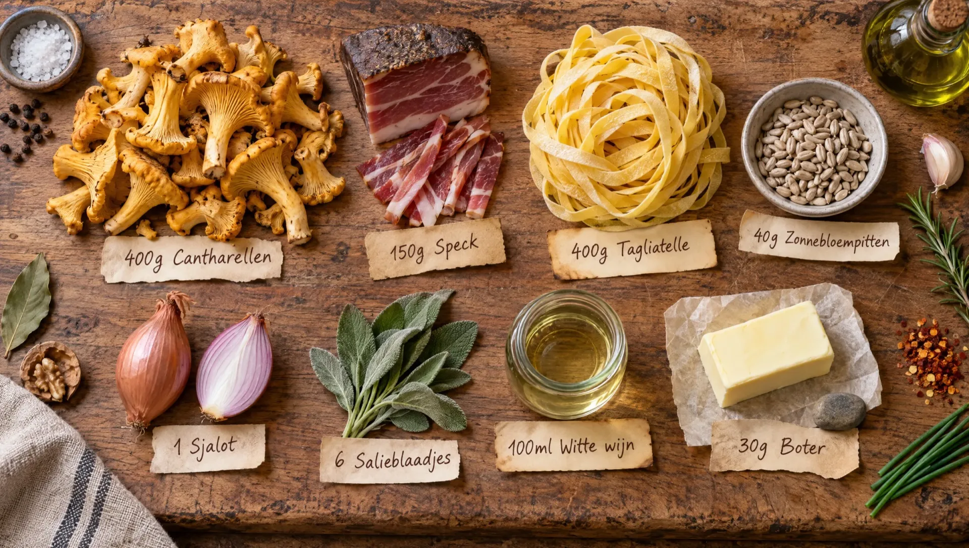 Ingrediënten voor tagliatelle met cantharellen en speck: cantharellen, speck, eierpasta, zonnebloempitten, sjalot en salie
