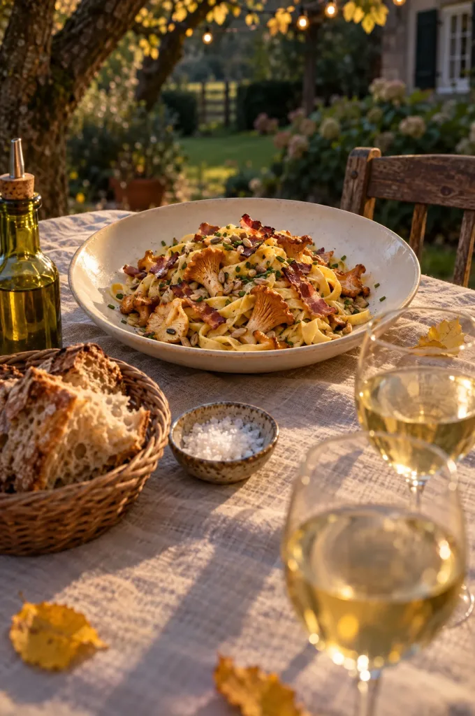 Tuintafel in avondlicht met tagliatelle met cantharellen en speck, twee glazen witte wijn, een mandje brood en gevallen blad