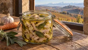 Tonno di coniglio in een glazen pot op een houten tafel in de Langhe in de herfst, met rauwe salie, knoflook en wortel