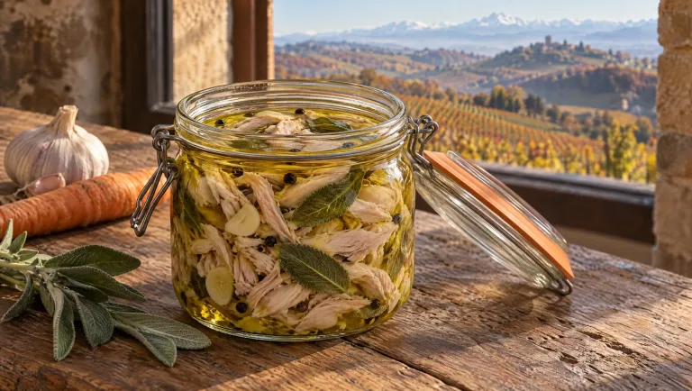 Tonno di coniglio in een glazen pot op een houten tafel in de Langhe in de herfst, met rauwe salie, knoflook en wortel