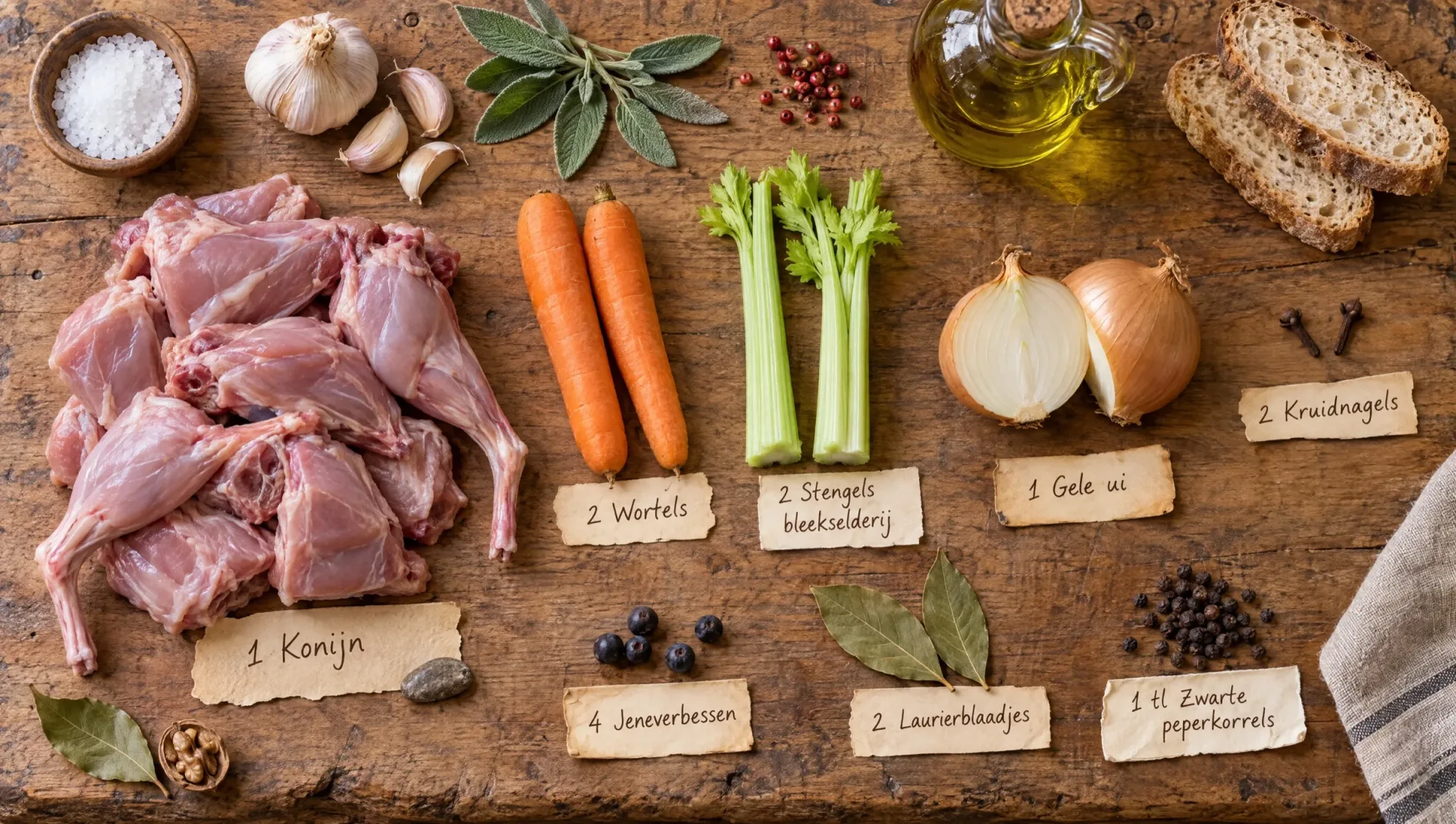 Ingrediënten voor tonno di coniglio: rauw konijn in stukken, wortel, bleekselderij, ui, jeneverbessen, salie en olijfolie