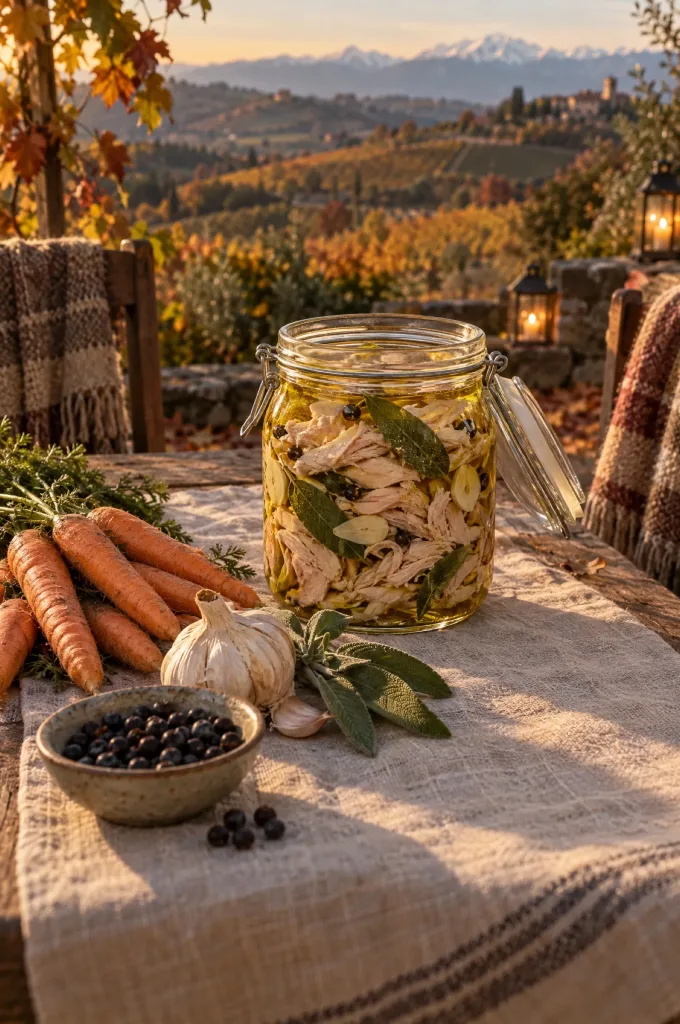 Tonno di coniglio in een pot op een tafel in de Langhe in de herfst, met rauwe salie, knoflook, wortel en jeneverbessen
