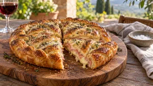 Gouden gevlochten torta salata met taleggio en prosciutto cotto, aangesneden op een houten plank