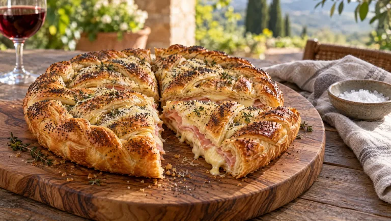 Gouden gevlochten torta salata met taleggio en prosciutto cotto, aangesneden op een houten plank