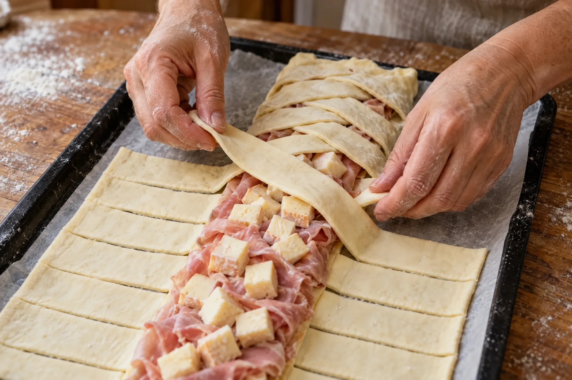 Handen vlechten de stroken bladerdeeg over de vulling van torta salata met taleggio en prosciutto cotto