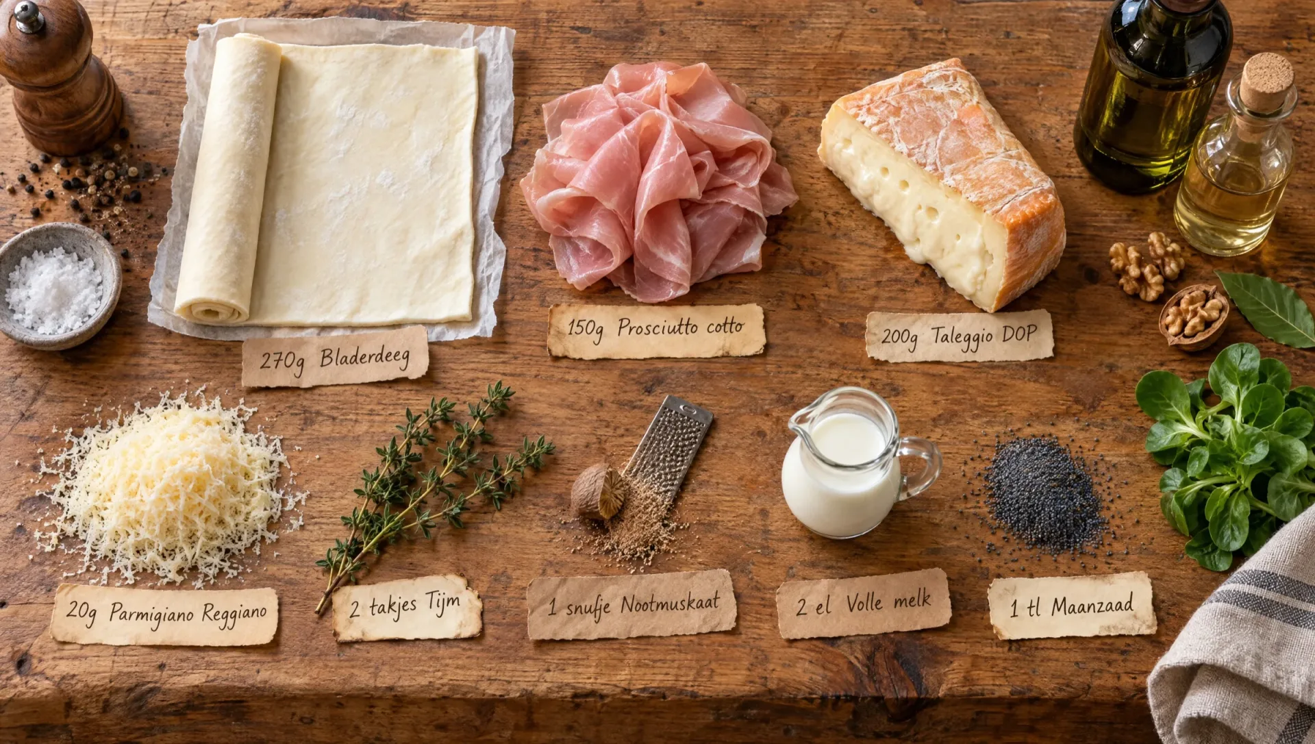 Ingrediënten voor torta salata met taleggio: bladerdeeg, taleggio, prosciutto cotto, tijm, melk en maanzaad