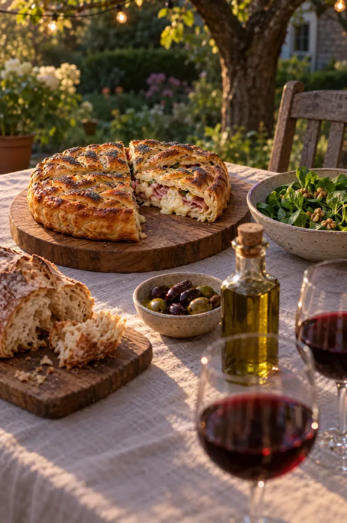 Aangesneden torta salata met taleggio op een zomerse tuintafel, met rustiek brood, olijfolie en twee glazen rode wijn
