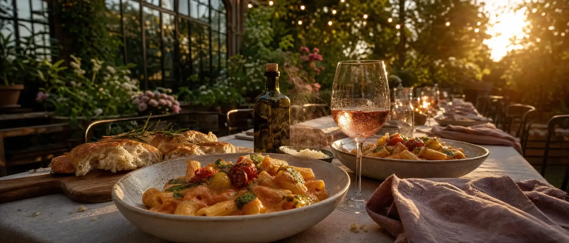 Pastadiner met rosé in zonnige tuin