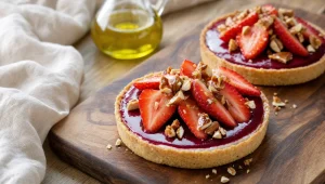 Aardbeientaartjes met bessencrème en gekaramelliseerde noten