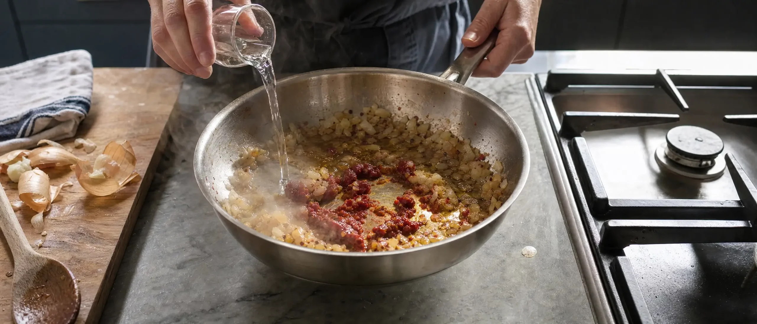Kok voegt vloeistof toe aan pan met uien