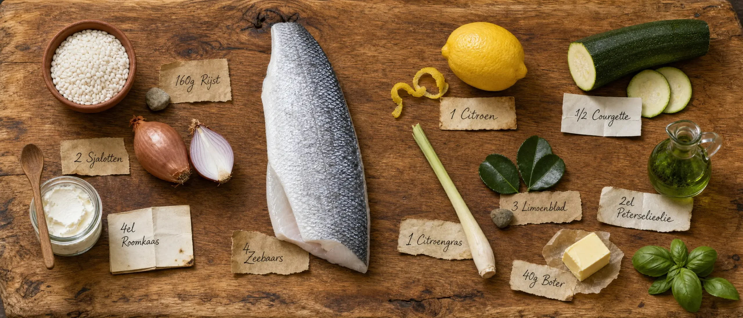 Ingrediënten voor zeebaarsgerecht op rustieke houten tafel