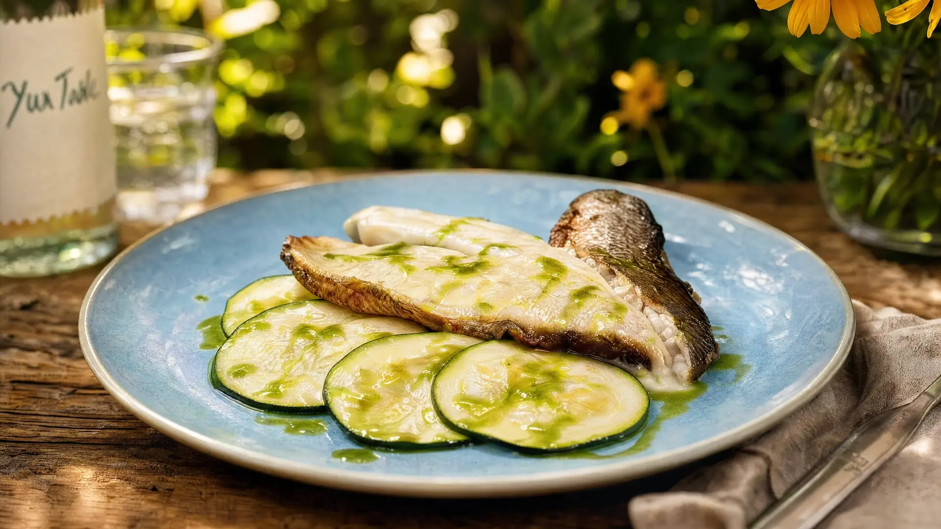 Zeebaars met Citroenrisotto, Courgette Carpaccio en Peterselieolie Zeebaars met Citroenrisotto, Courgette Carpaccio en Peterselieolie