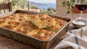 Zoete focaccia uit Ligurië in het bakblik, met kuiltjes vol zoete pekel en een dun krokant suikerkorstje