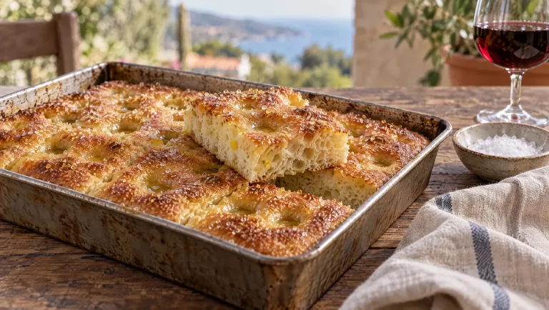 Zoete focaccia uit Ligurië in het bakblik, met kuiltjes vol zoete pekel en een dun krokant suikerkorstje