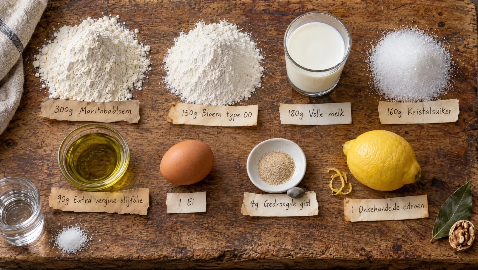 Ingrediënten voor zoete focaccia: manitobabloem, bloem 00, melk, ei, suiker, olijfolie, gist en een citroen