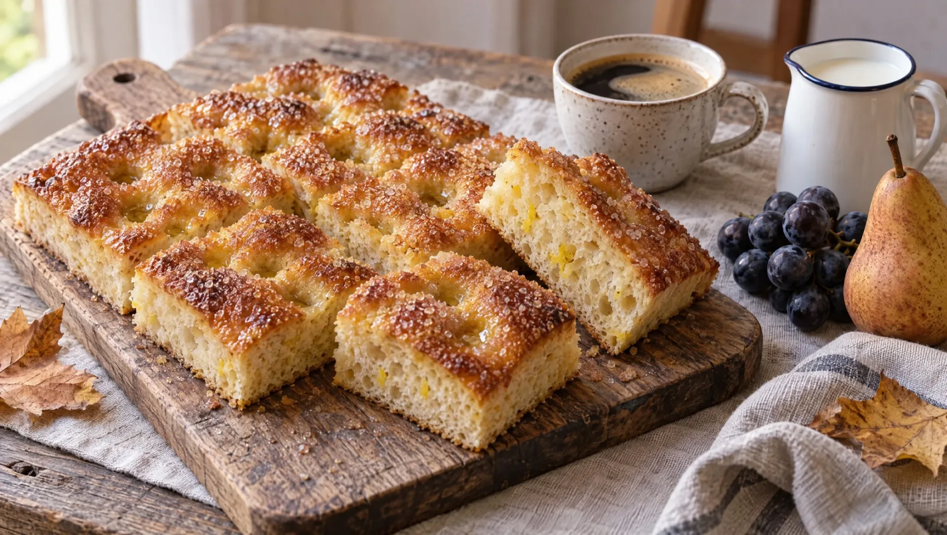 Zoete focaccia op een houten plank naast herfstfruit, koffie en een kan melk op een ontbijttafel
