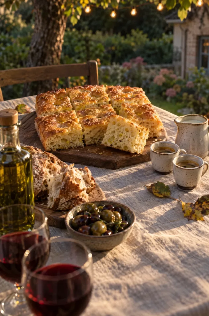 Aangesneden zoete focaccia met suikerkorst op een tafel met espresso, een kan melk en herfstbladeren