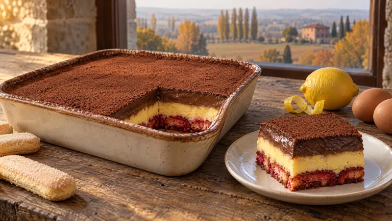Zuppa inglese met rode, gele en bruine lagen op een houten keukentafel in Verona, met savoiardi, citroen en eieren