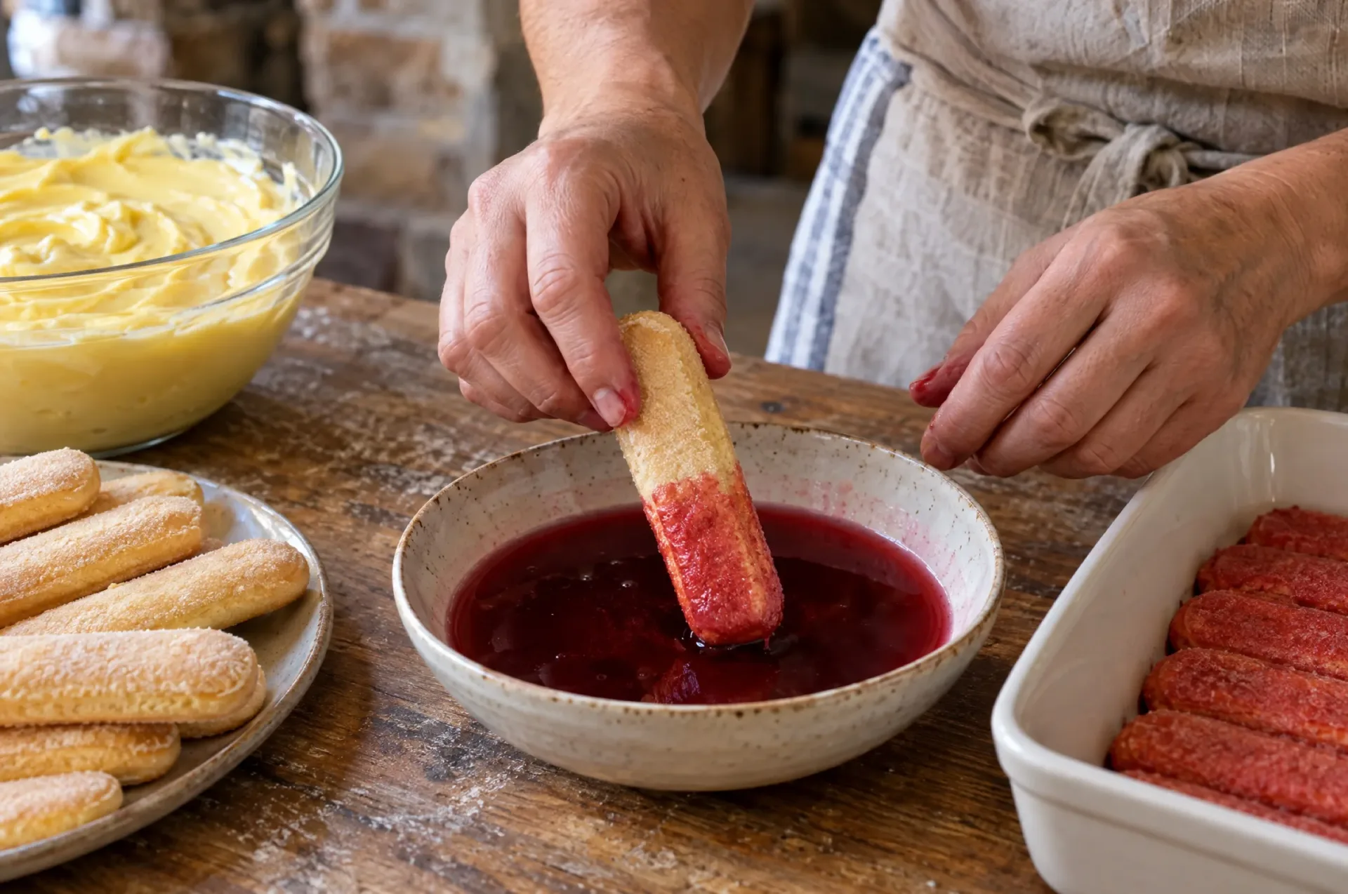 Savoiardi worden kort in rode alchermes gedoopt voor zuppa inglese, naast een kom glanzende banketbakkersroom