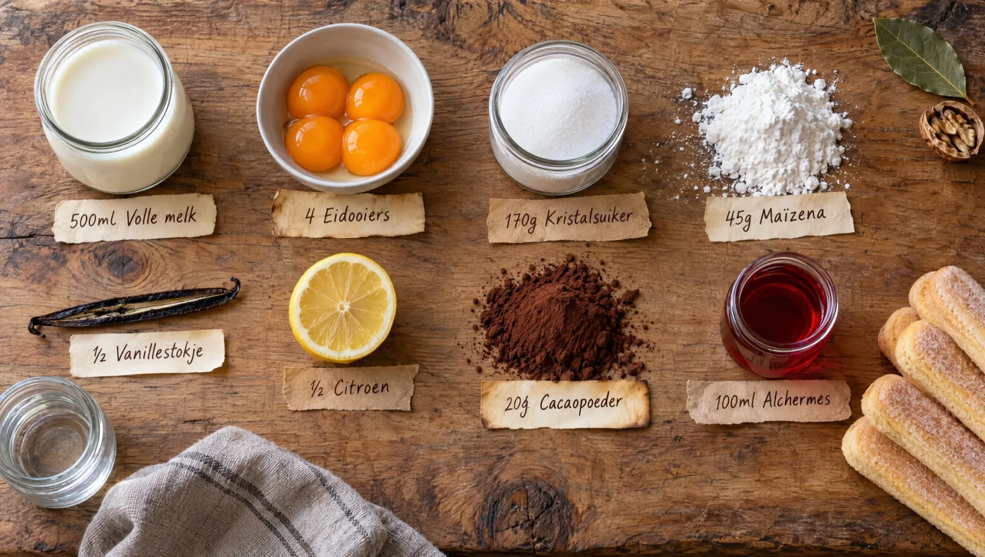 Ingrediënten voor zuppa inglese: savoiardi, alchermes, melk, eieren, suiker, maïzena, cacao, vanille en citroen