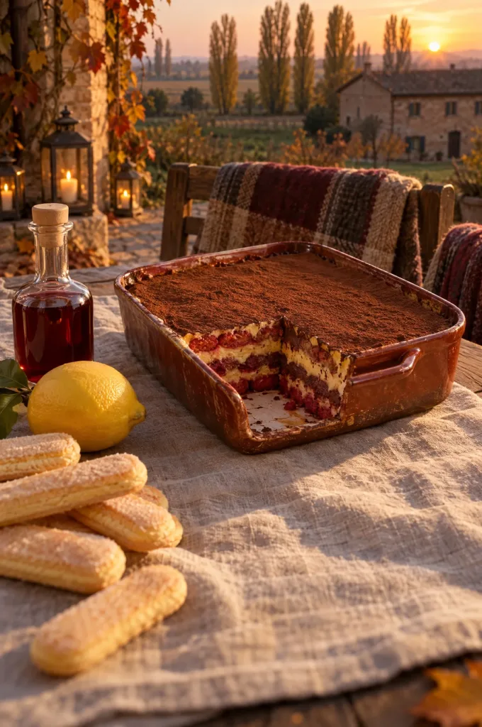Zuppa inglese op een gedekte tafel in Verona in de herfst, met savoiardi, citroen en een fles alchermes ernaast