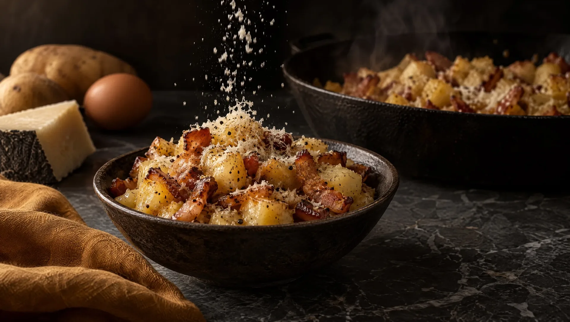 Aardappelen alla carbonara in een donkere kom met de zwarte pan erachter, met rauwe aardappelen, een ei en Pecorino Romano