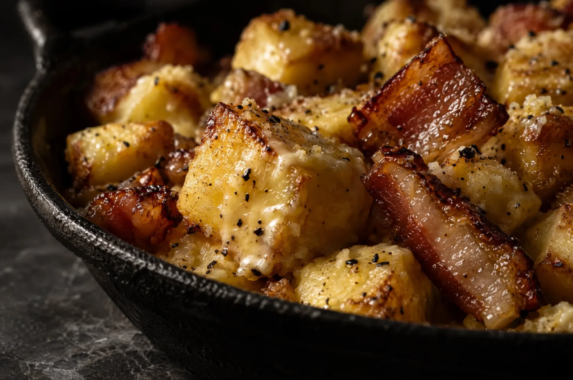 Detail van aardappelen alla carbonara: goudbruine blokjes met een glanzend laagje eiercrème, krokante guanciale en peper