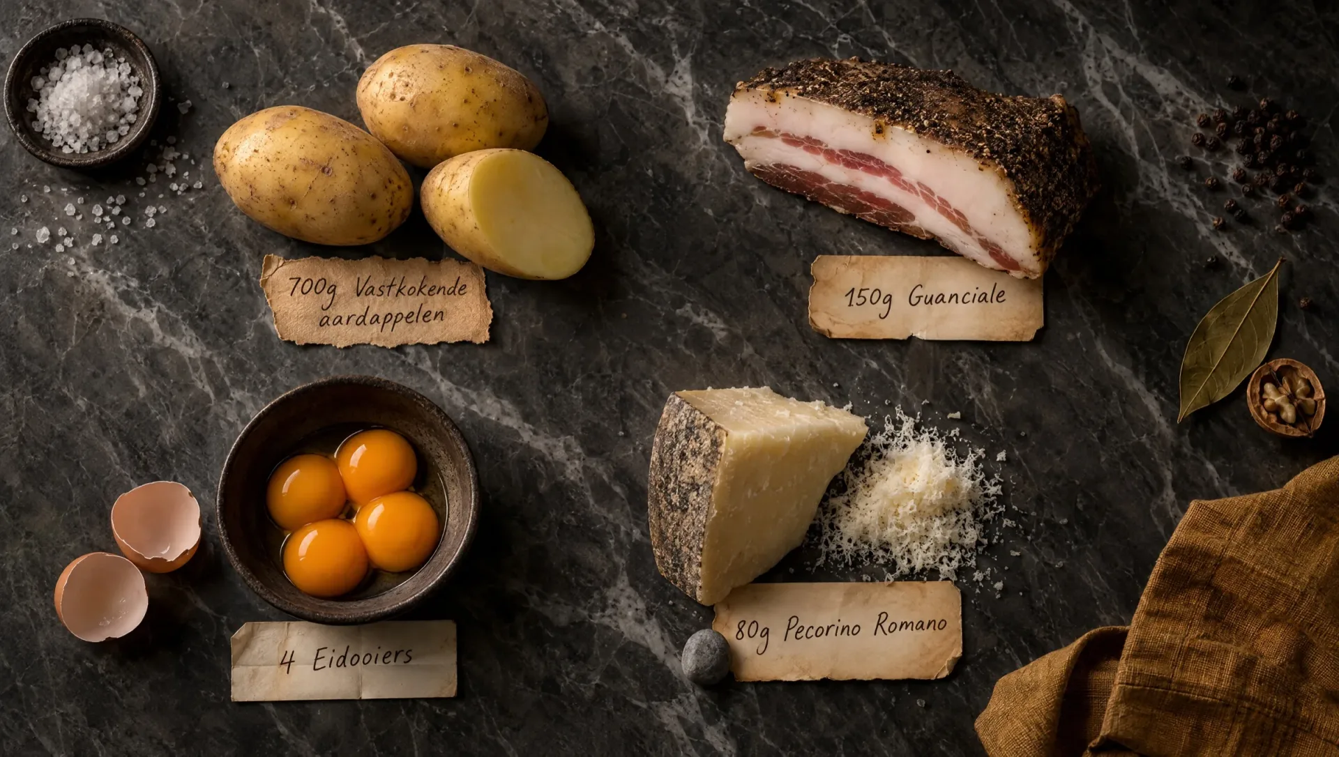 Ingrediënten voor aardappelen alla carbonara: aardappelen, guanciale, vier eidooiers en Pecorino Romano op marmer