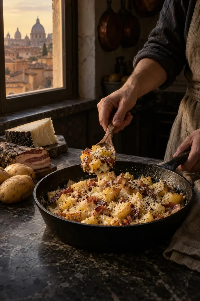 Handen scheppen aardappelen alla carbonara uit de pan in een donkere keuken bij het raam, met zicht op de daken van Rome