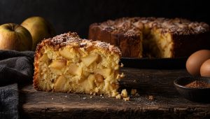 Italiaanse appeltaart met mascarpone op een houten plank in een keuken in Trentino, met goudrenetten, eieren en kaneel ernaast