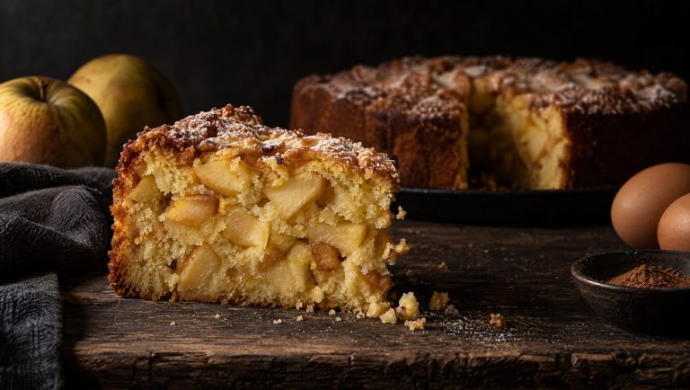 Italiaanse appeltaart met mascarpone op een houten plank in een keuken in Trentino, met goudrenetten, eieren en kaneel ernaast