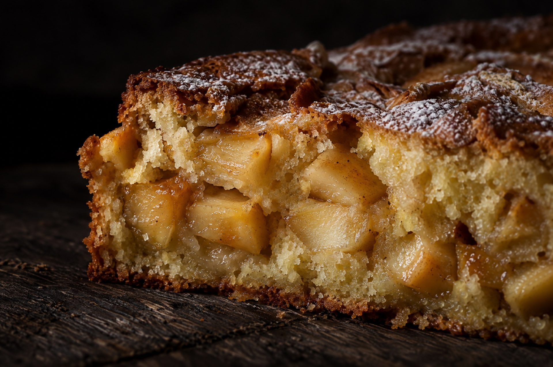 Snijvlak van appeltaart met mascarpone: blokjes goudrenet in de gele kruim onder een goudbruine korst