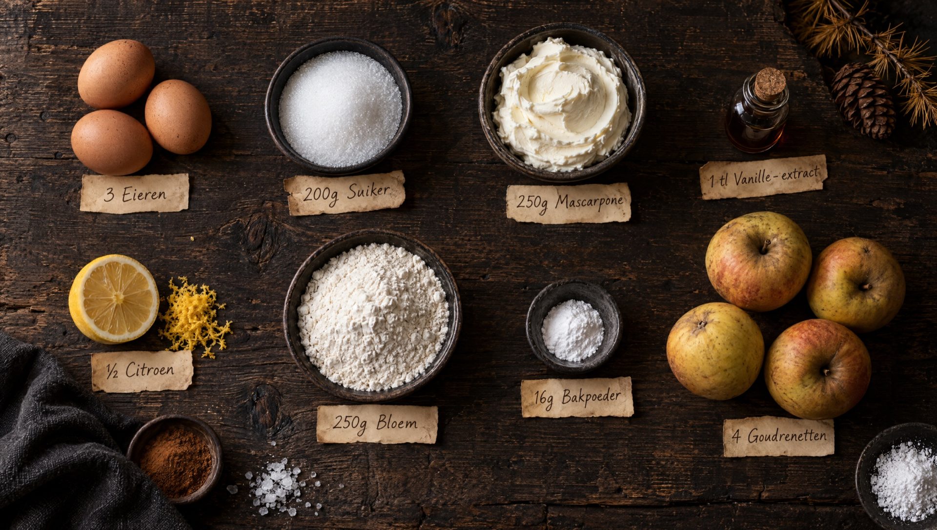 Ingrediënten voor appeltaart met mascarpone: goudrenetten, mascarpone, eieren, bloem, suiker, een citroen en gemalen kaneel