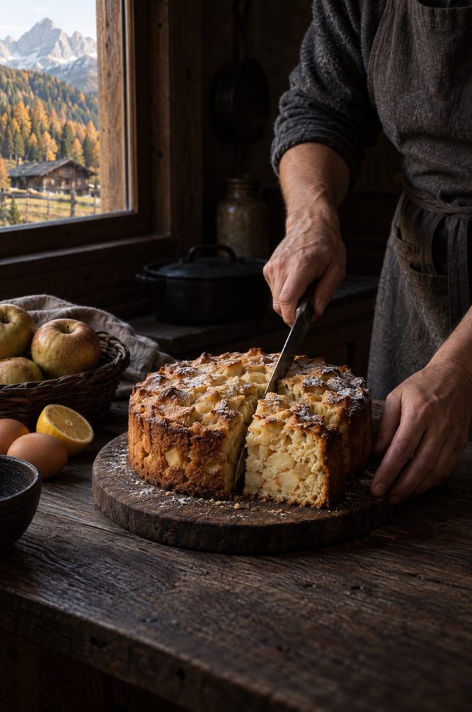 Handen van de kok snijden appeltaart met mascarpone aan in een donkere keuken, buiten de lariksbossen van Zuid-Tirol