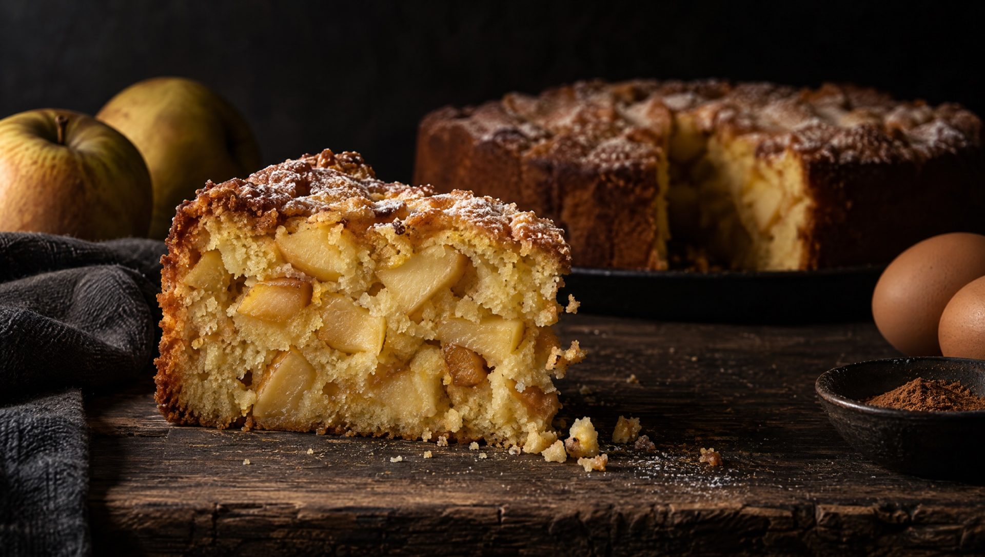 Italiaanse appeltaart met mascarpone op een houten plank in een keuken in Trentino, met goudrenetten, eieren en kaneel ernaast