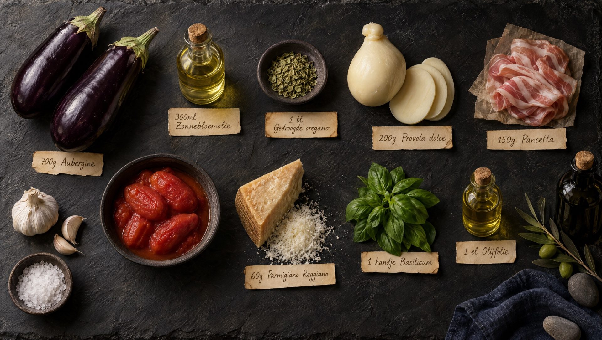 Ingrediënten voor auberginerol: lange aubergines, provola, pancetta, Parmigiano, basilicum, oregano en gepelde tomaten