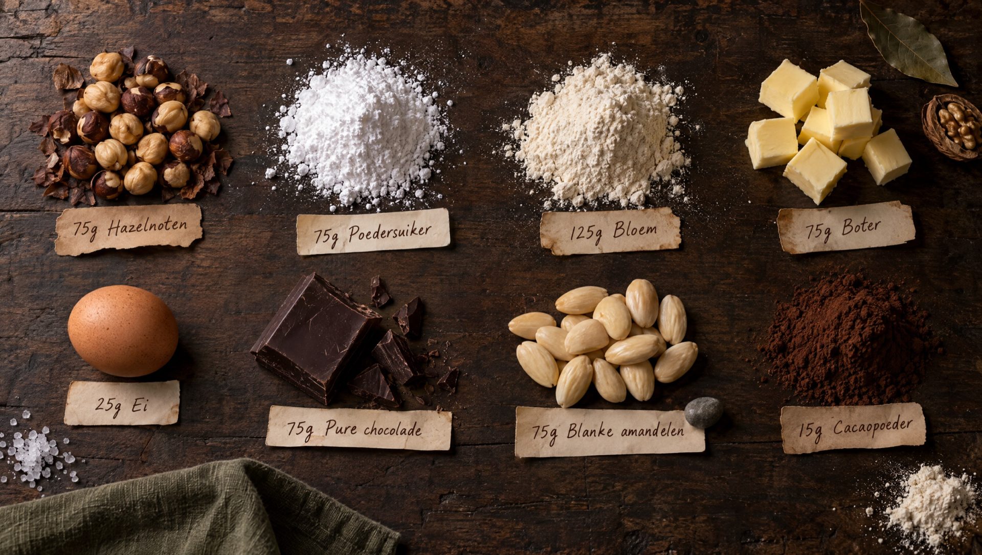 Ingrediënten voor baci di dama: hazelnoten, poedersuiker, bloem, boter, ei, pure chocolade, amandelen en cacaopoeder