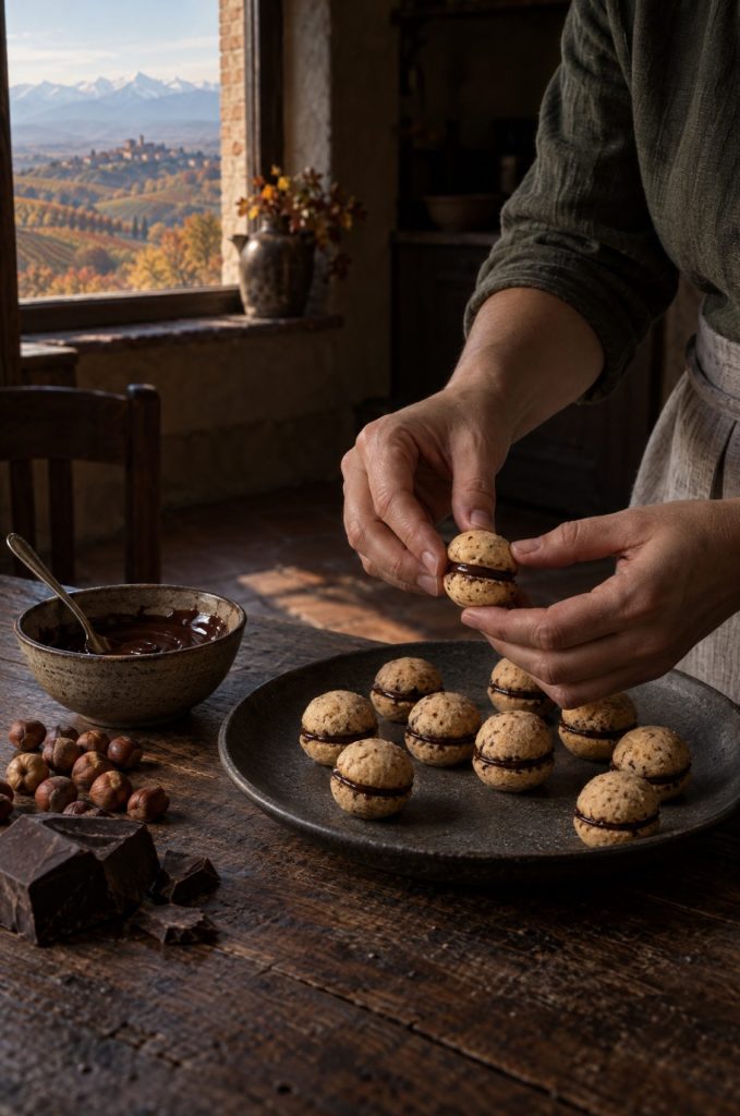 Handen van de kok plakken baci di dama met chocolade in een donkere keuken bij het raam, met zicht op de heuvels van Piemonte