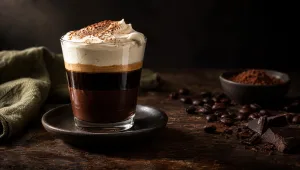 Bicerin in een klein glas met lagen chocolade, espresso en room op een donkere houten tafel, met cacao en koffiebonen