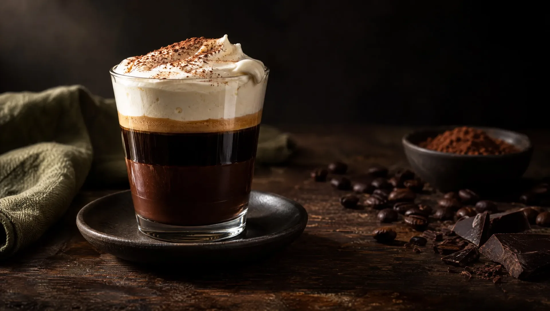 Bicerin in een klein glas met lagen chocolade, espresso en room op een donkere houten tafel, met cacao en koffiebonen