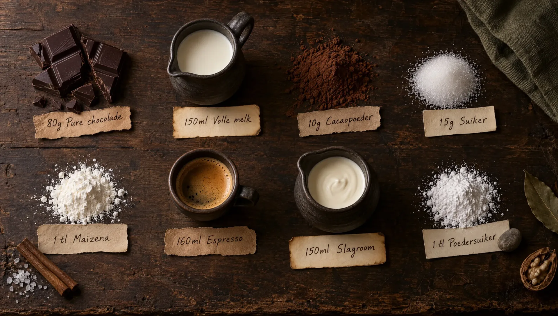 Ingrediënten voor bicerin: pure chocolade, volle melk, cacaopoeder, suiker, maïzena, espresso, slagroom en poedersuiker