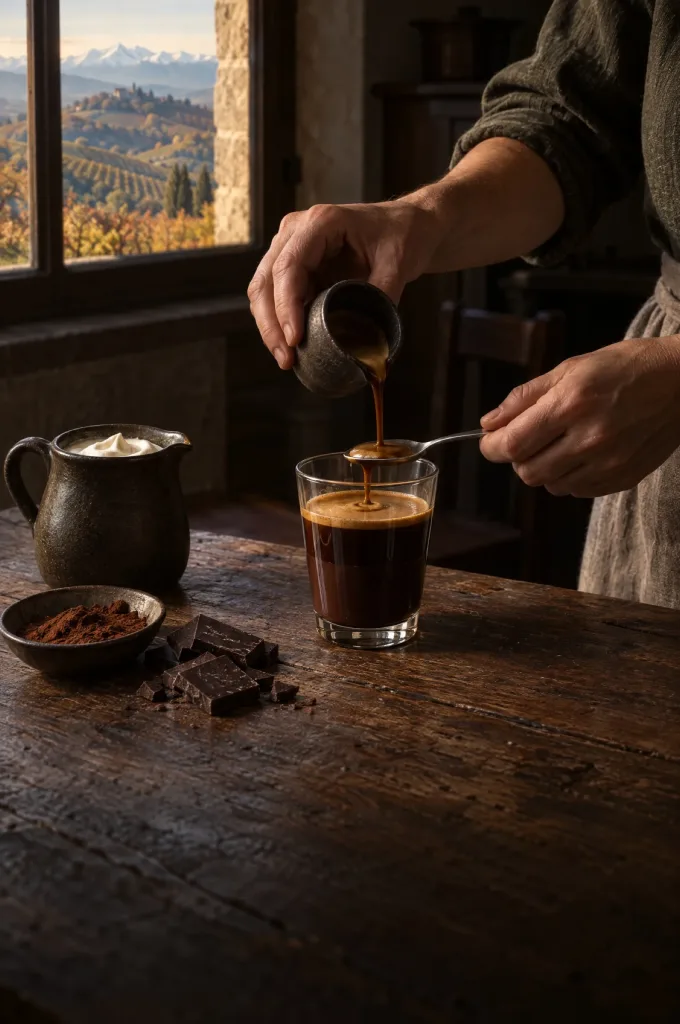 Handen van de kok schenken espresso over een lepel in een glas bicerin in een donkere keuken, met de Langhe buiten het raam