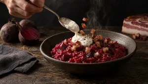 Dieprode bietenrisotto met een lepel zure room en vallende pancetta op een donkere tafel, met rode bieten en pancetta