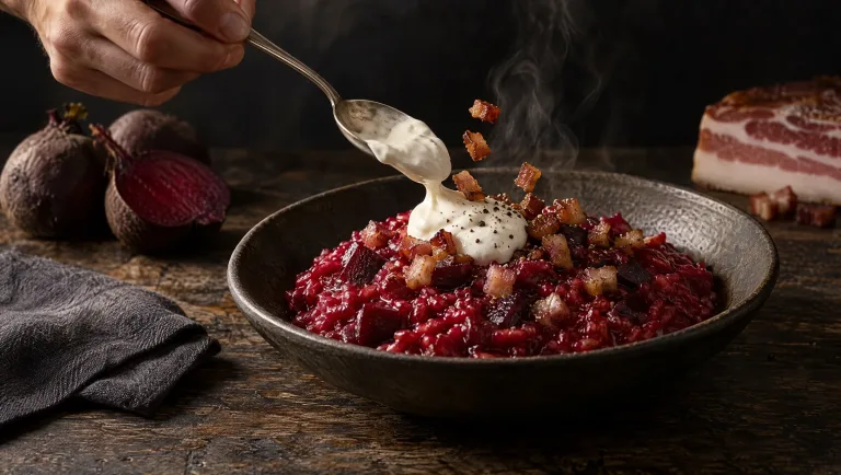 Dieprode bietenrisotto met een lepel zure room en vallende pancetta op een donkere tafel, met rode bieten en pancetta