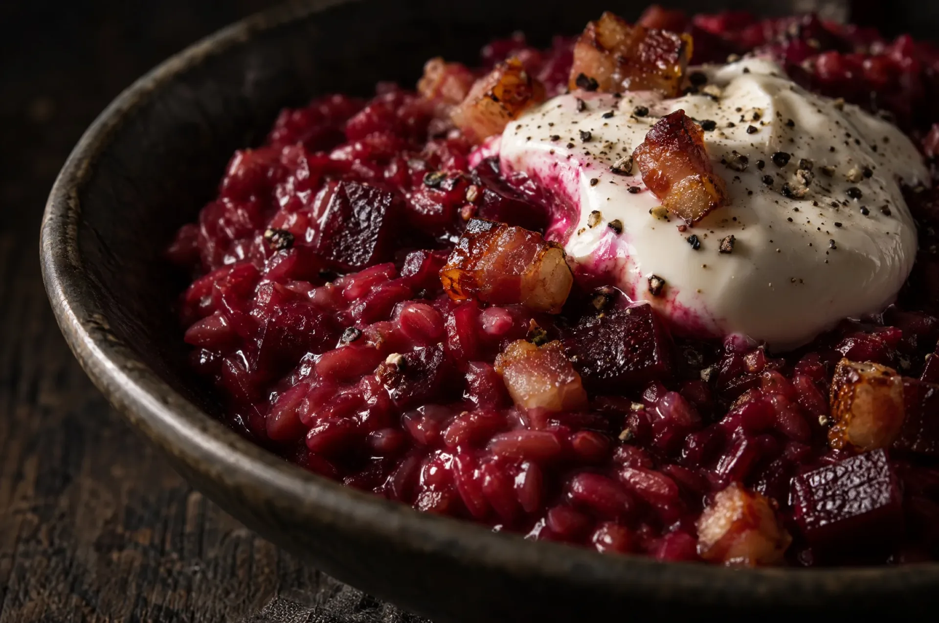 Close-up van bietenrisotto met glanzende dieprode korrels, een lepel zure room en krokante blokjes pancetta