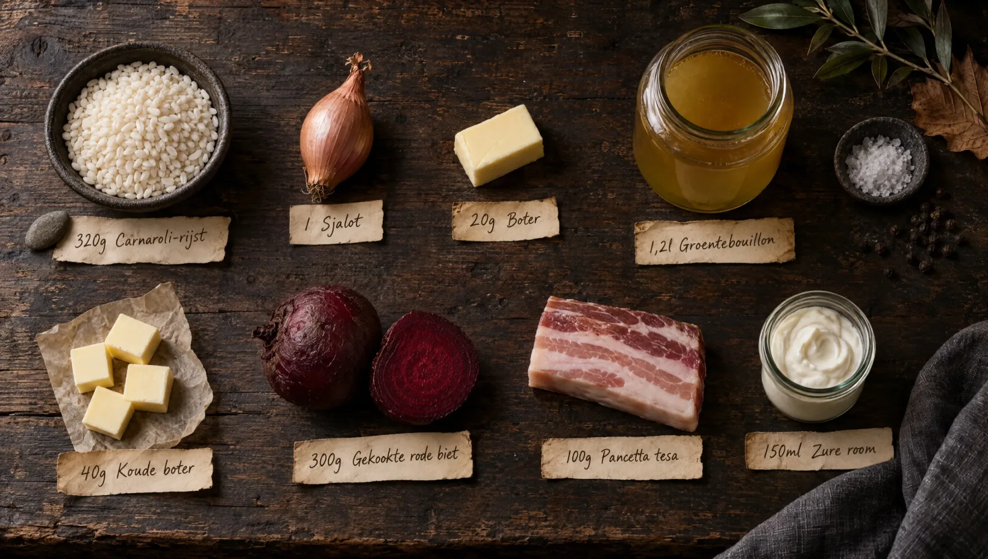 Ingrediënten voor bietenrisotto: Carnaroli, gekookte rode bieten, pancetta, zure room, boter, sjalot en zwarte peper