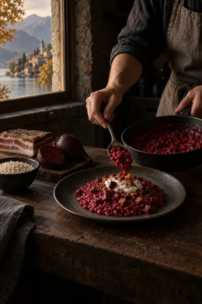 Handen scheppen bietenrisotto op een bord in een donkere keuken bij het raam, met uitzicht op een Lombardisch meer