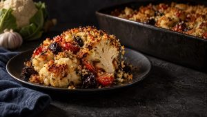 Bloemkool uit de oven alla marinara op een bord met tomaatjes en olijven, achter de ovenschaal, een rauwe bloemkool en knoflook