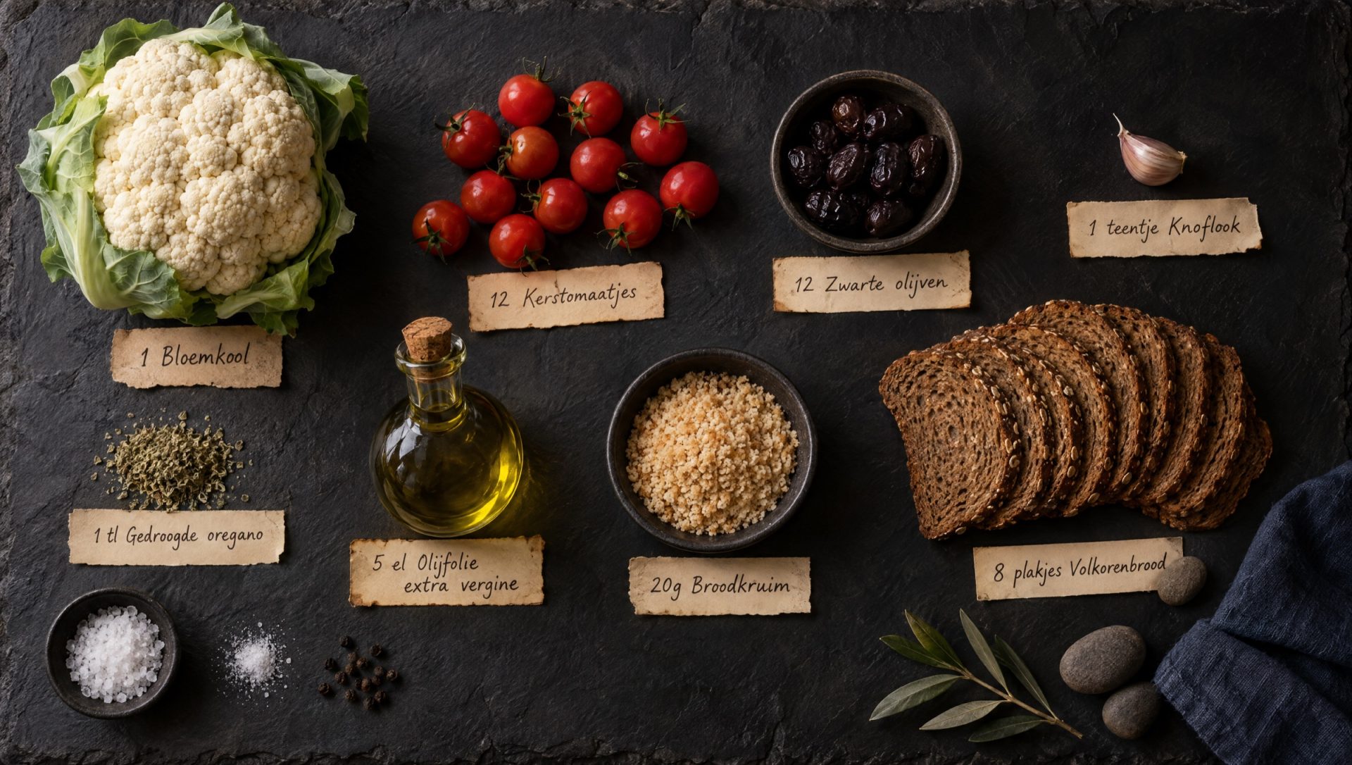 Ingrediënten voor bloemkool uit de oven: bloemkool, kerstomaatjes, zwarte olijven, knoflook, oregano en broodkruim