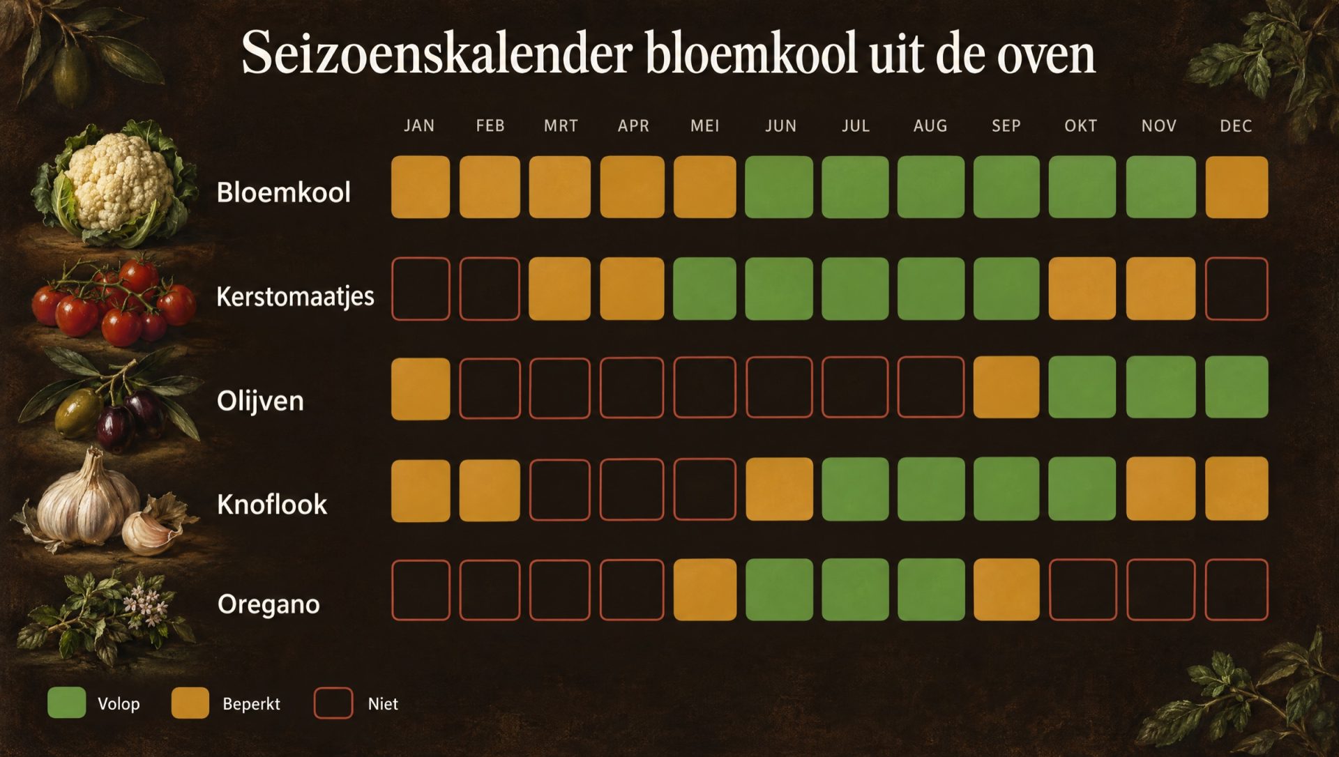 Seizoenskalender voor bloemkool uit de oven alla marinara: bloemkool, kerstomaatjes, olijven, knoflook en oregano